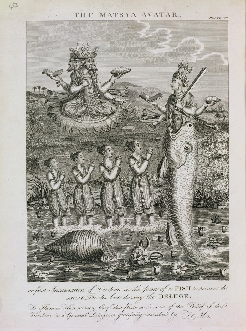 El Avatar Matsya, o la Primera Encarnación de Vishnu en Forma de Pez para Recuperar los Libros Sagrados Perdidos Durante el Diluvio, grabado por Barlow de English School