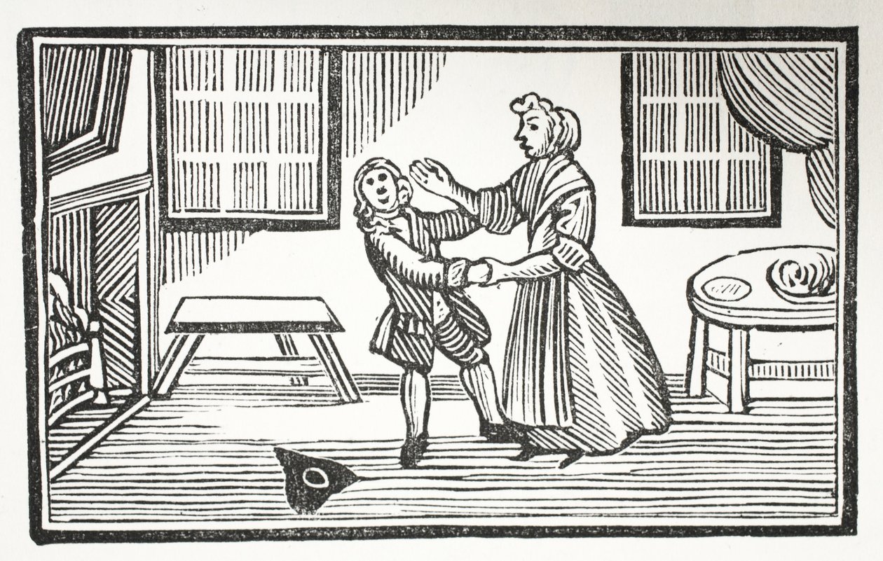 El método que Meg utilizó para hacer que uno de los vicarios pagara su cuenta, ilustración de Chap-books del siglo XVIII de John Ashton, pub. 1882 de English School