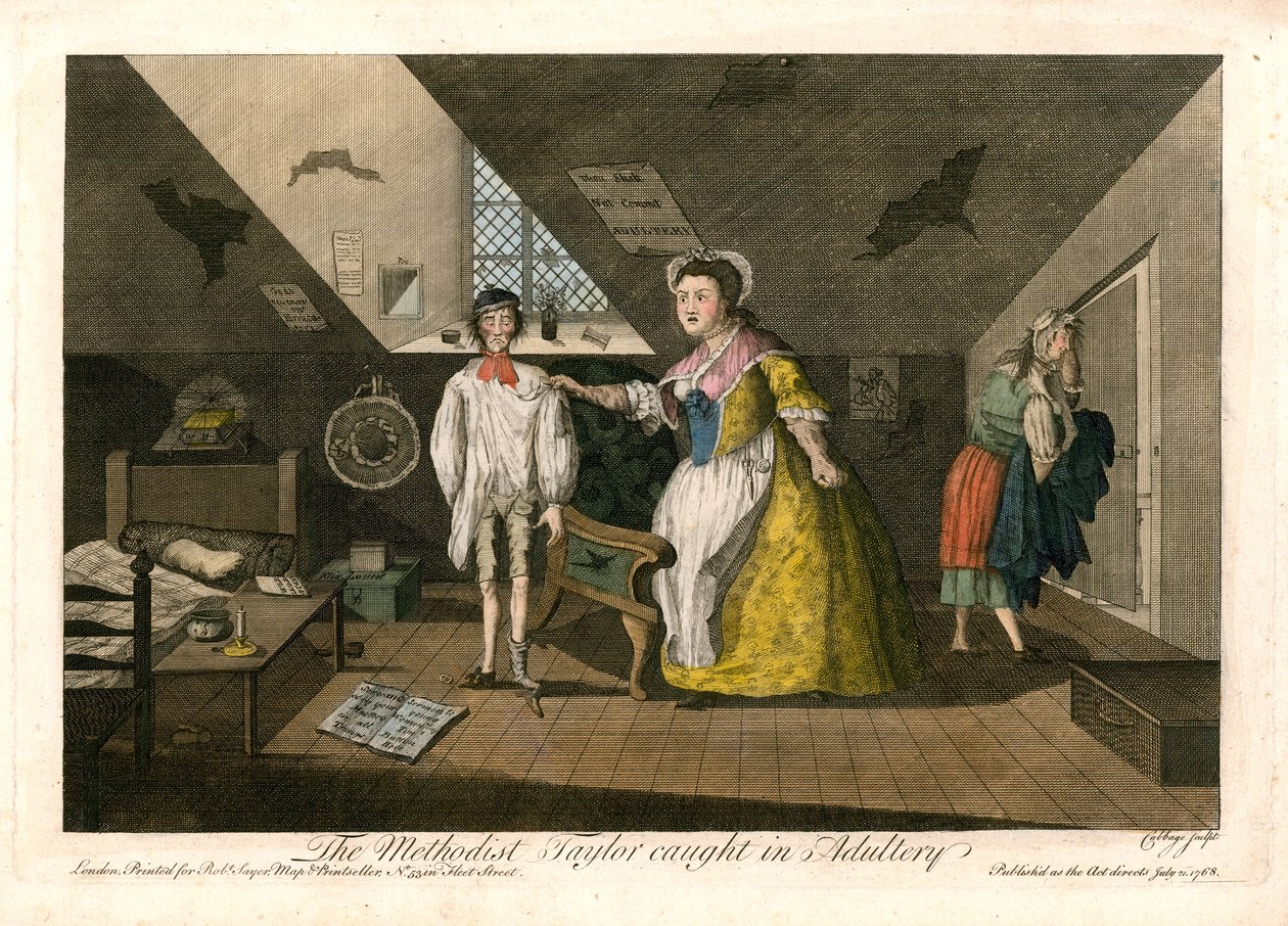 The Methodist Taylor Caught in Adultery (grabado en color) de English School