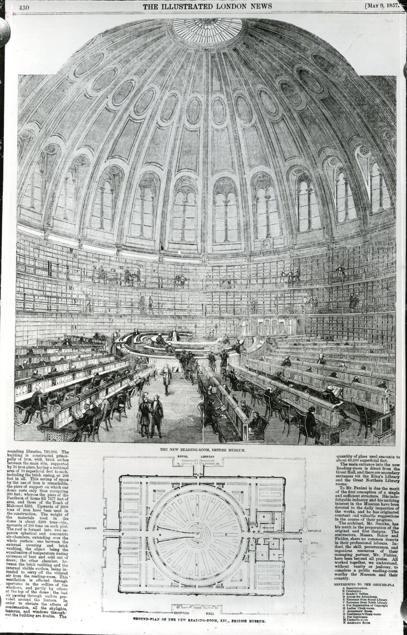 La nueva sala de lectura, Museo Británico, publicado en The Illustrated London News, 9 de mayo de 1857 de English School