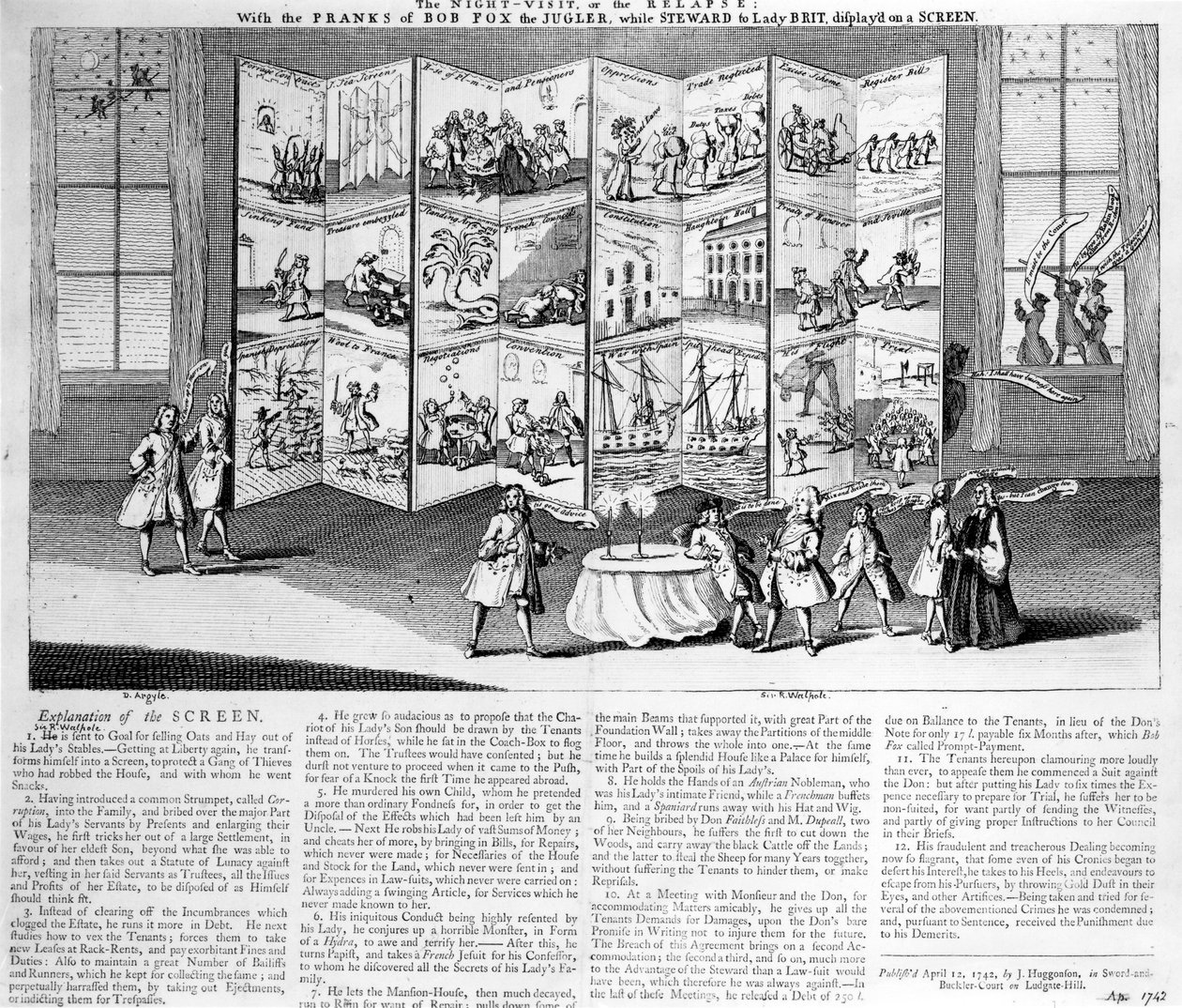 La Visita Nocturna o la Recaída: con las Travesuras de Bob Fox el Juglar mientras era Mayordomo de Lady Britannia, mostradas en una pantalla, 1742 de English School