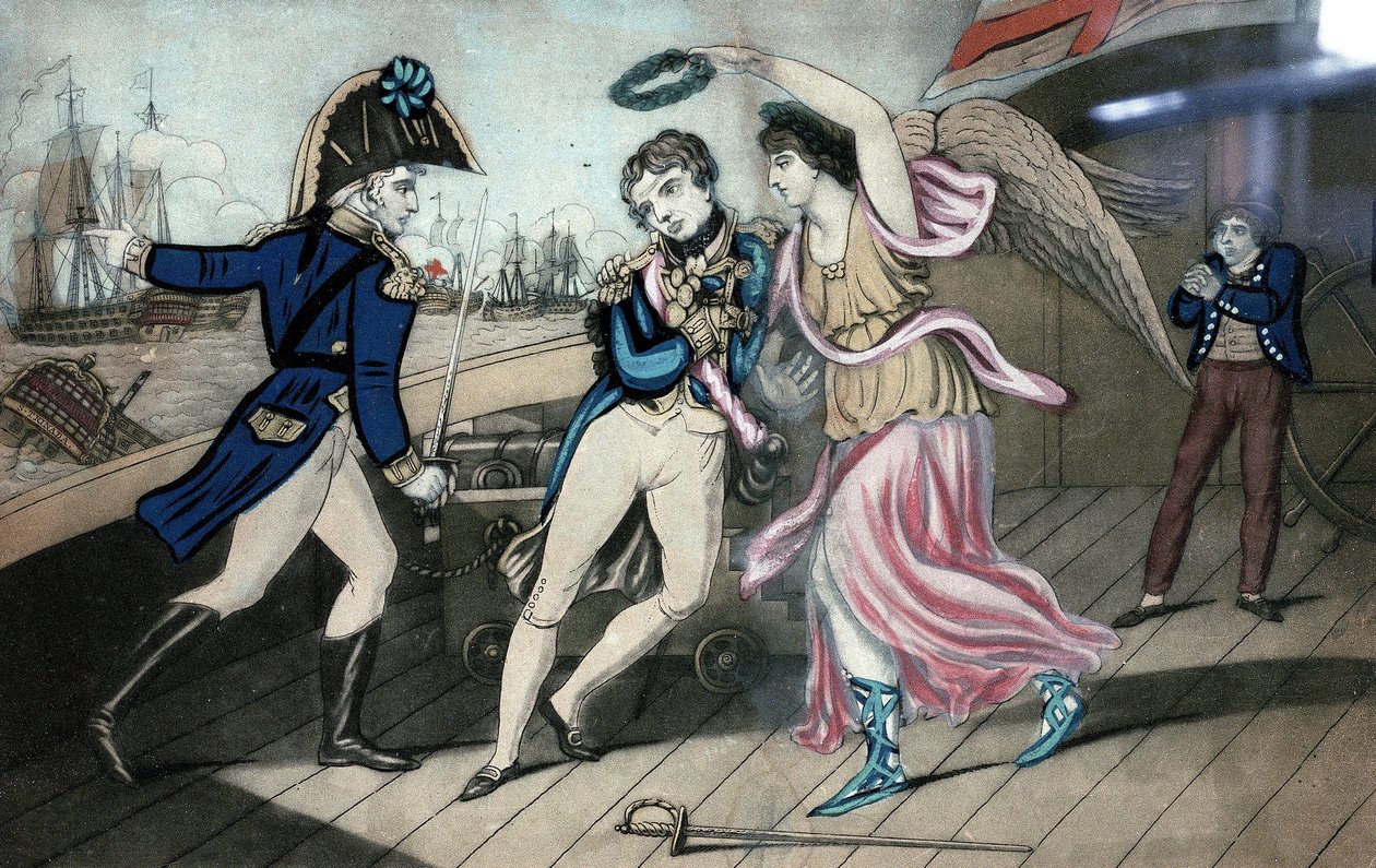 El noble almirante Lord Nelson, caído en brazos de la victoria, el 11 de marzo de English School
