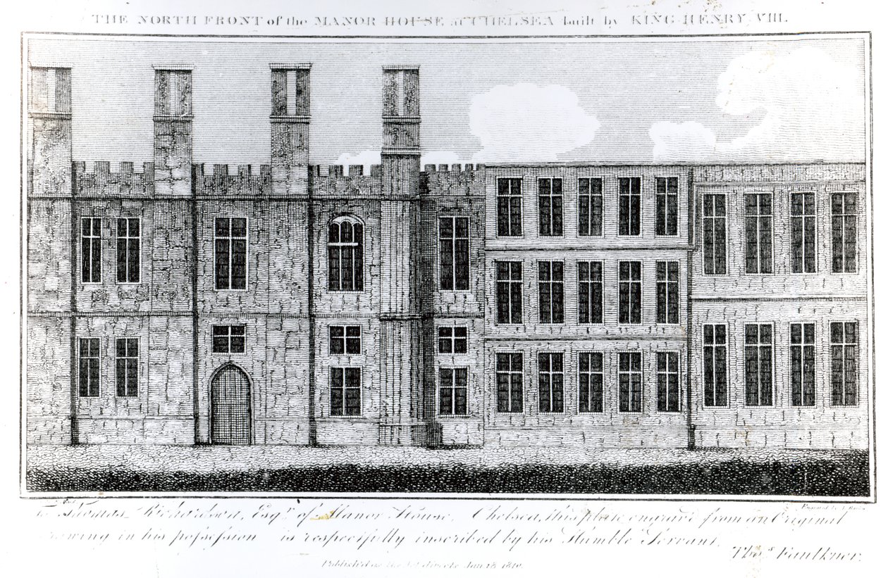 La fachada norte de la Casa Solariega en Chelsea construida por el Rey Enrique VIII, grabado por J. Barlow, ilustración en Una Cuenta Histórica y Topográfica de Chelsea y sus Alrededores por Thomas Faulkner de English School