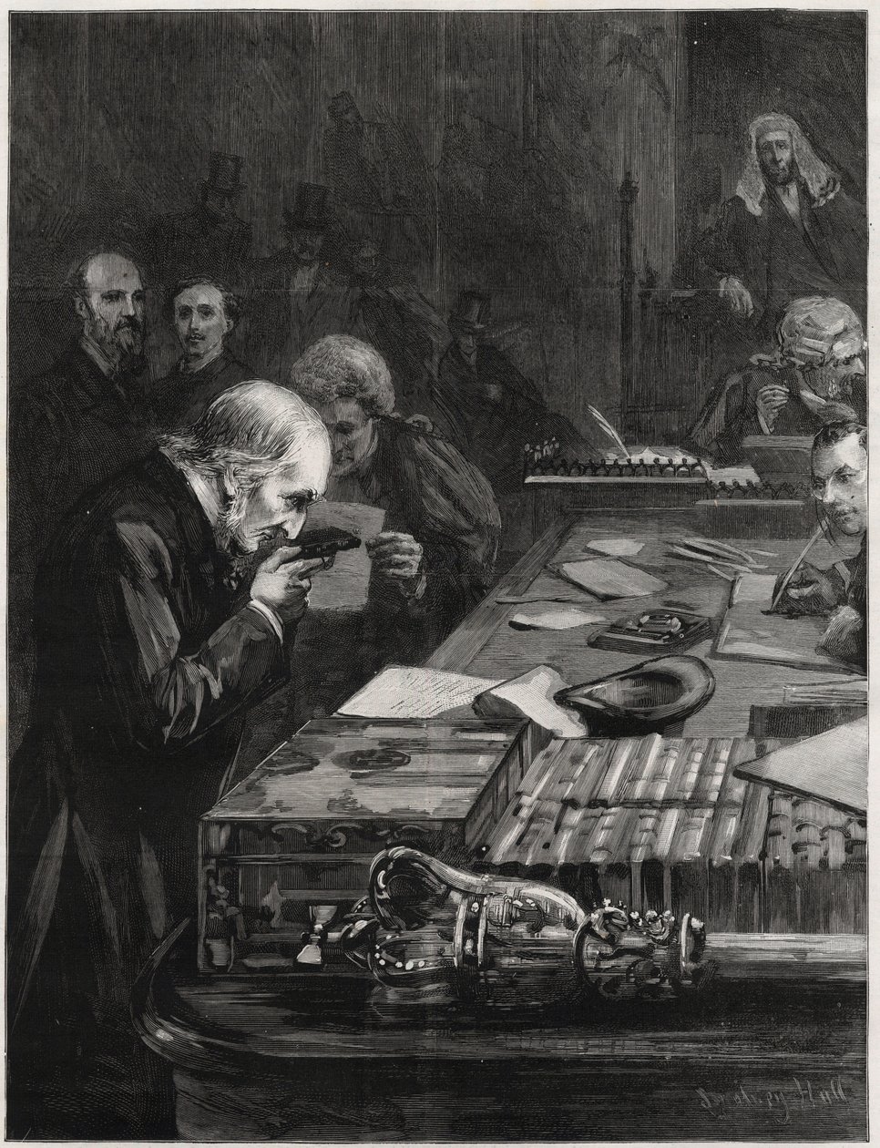 La Apertura del Parlamento, 31 de enero de 1893, Sr. William Ewart Gladstone, apoyado por el Sr. Marjoribanks y el Sr. H Gladstone, tomando el Juramento. Ilustración para The Graphic de English School