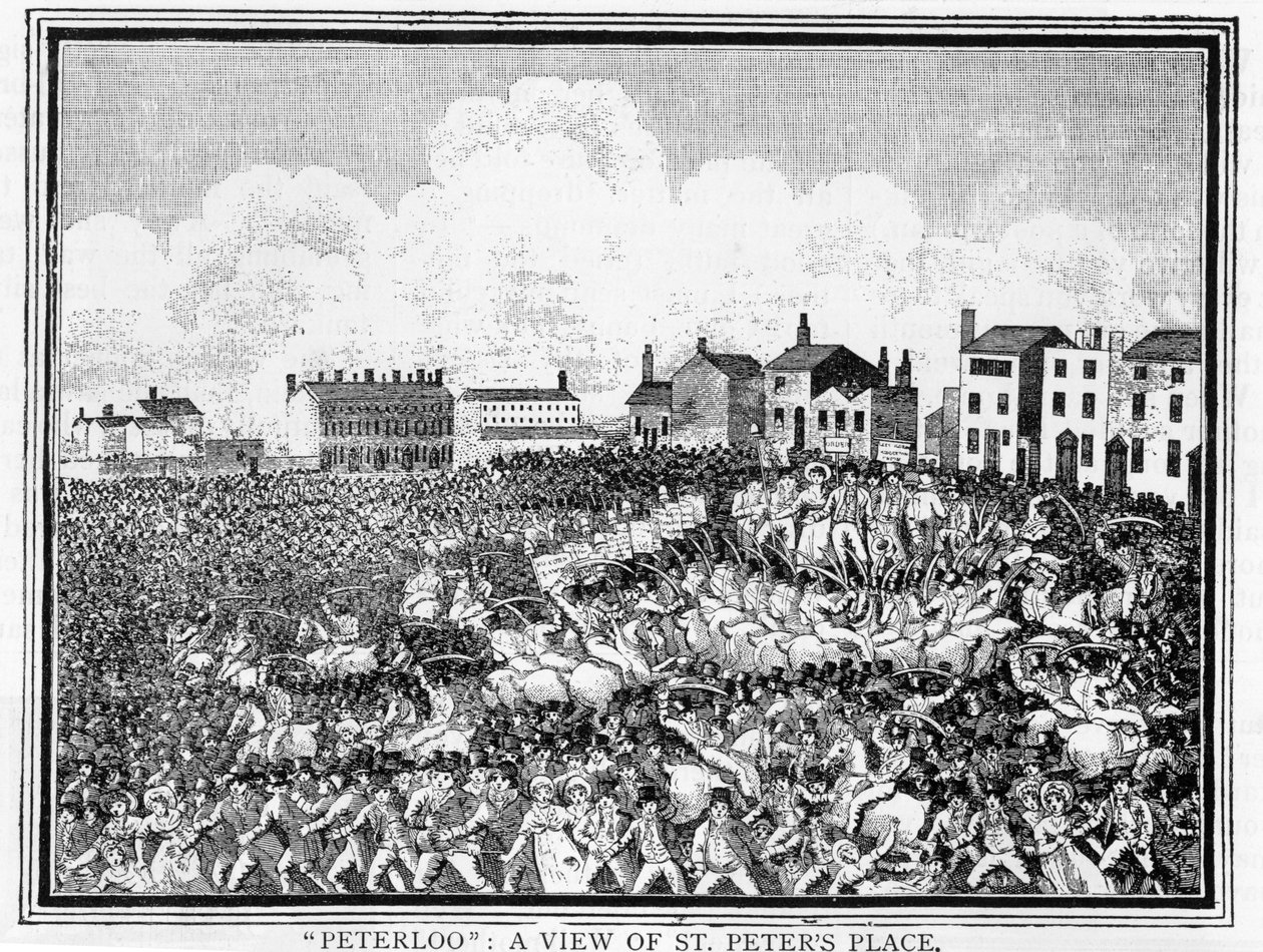 La masacre de Peterloo, una vista de St. Peters Place de English School