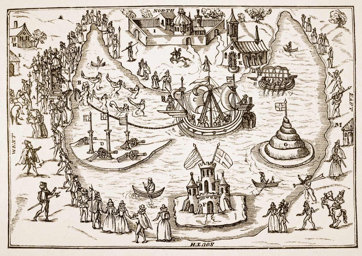 El estanque en Elvetham durante la visita de la Reina Isabel, de The Honourable Entertainment given to the Queens Majestie in Prgresse at Elvetham in Hampshire por el Right Honble the Earl of Hertford, 1591 de English School