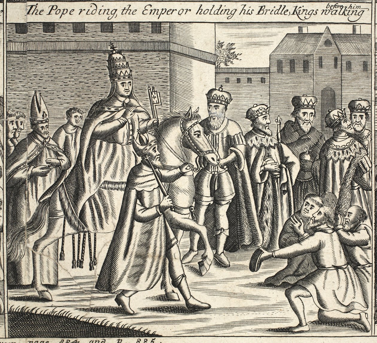 El Papa montando, el emperador sosteniendo su brida, reyes caminando delante de él, ilustración de Hechos y Monumentos de John Foxe, novena edición, pub. 1684 de English School