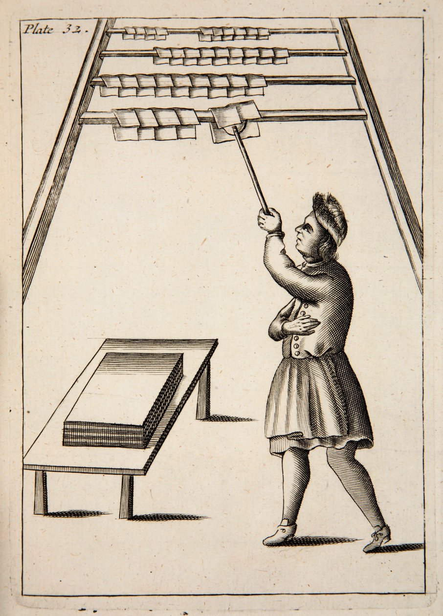 El prensista colgando papel, pub. 1683 grabado de English School