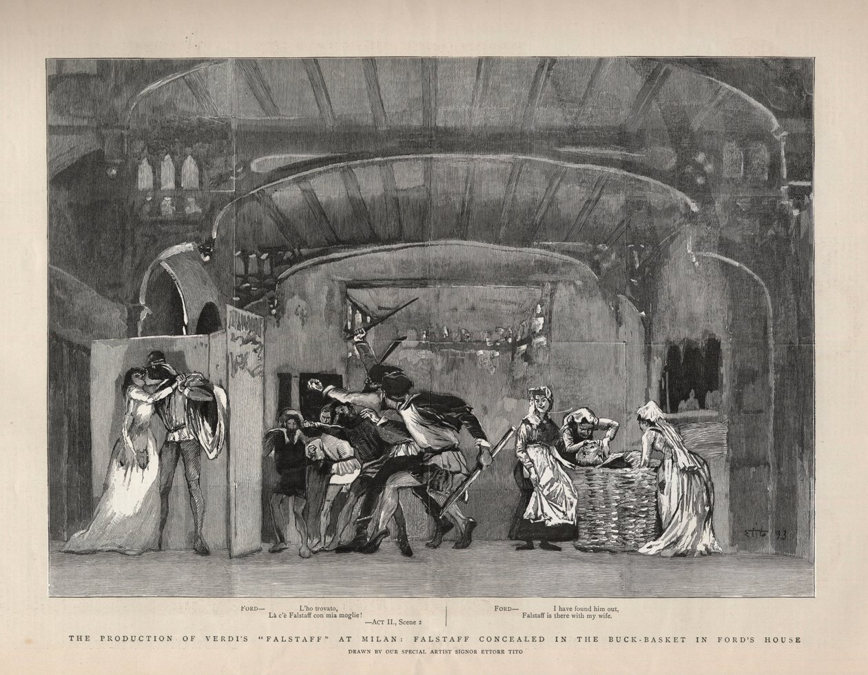 La Producción de “Falstaff” de Giuseppe Verdi en Milán, Falstaff oculto en la cesta de la ropa en la casa de Ford. Ilustración para The Graphic de English School