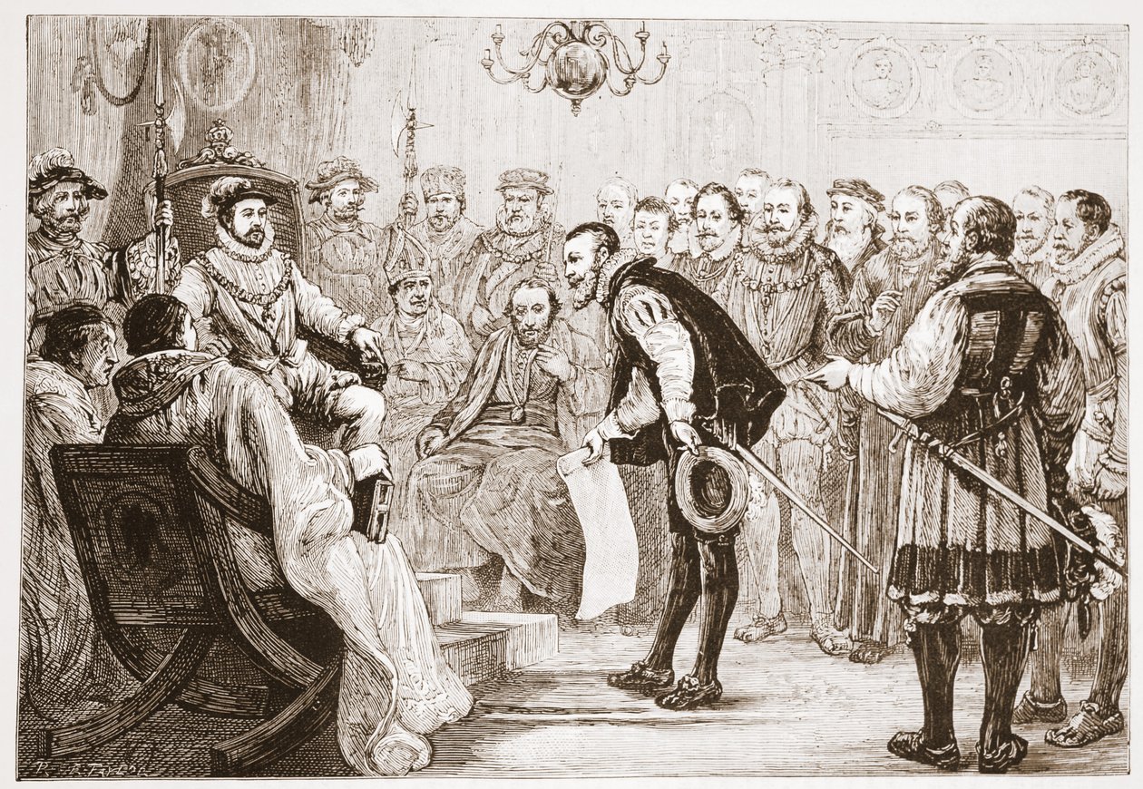 Los príncipes protestantes presentando su confesión a Carlos, ilustración de La Historia del Protestantismo de James Aitken Wylie, pub. 1878 de English School