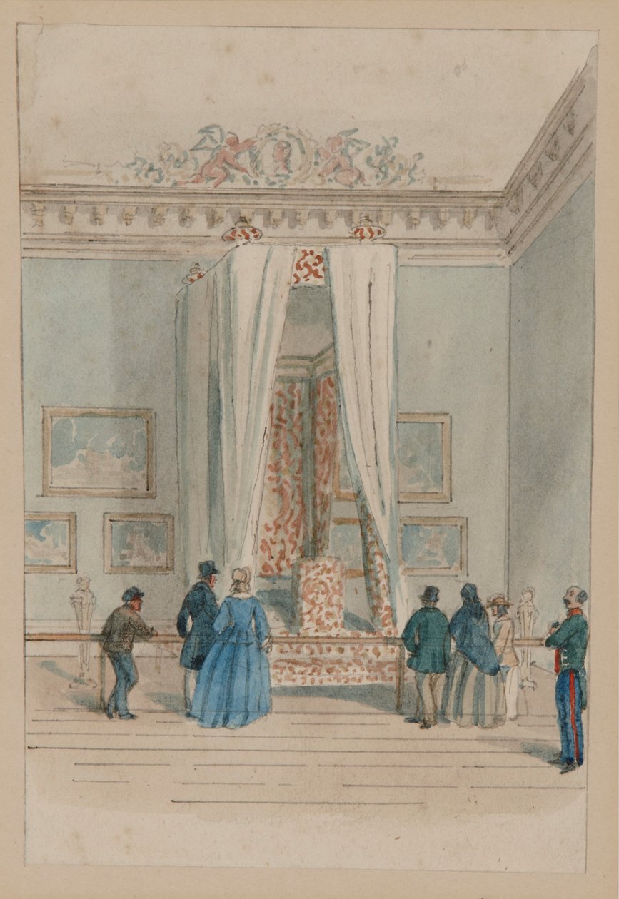 La alcoba de la reina con la cama de estado de la reina Ana, c.1860-70 (acuarela sobre papel) de English School