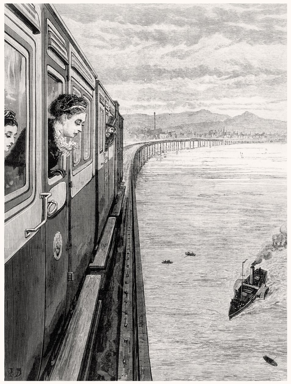 El regreso de la Reina de las Tierras Altas; Su Majestad cruzando el Puente Tay, Dundee de English School