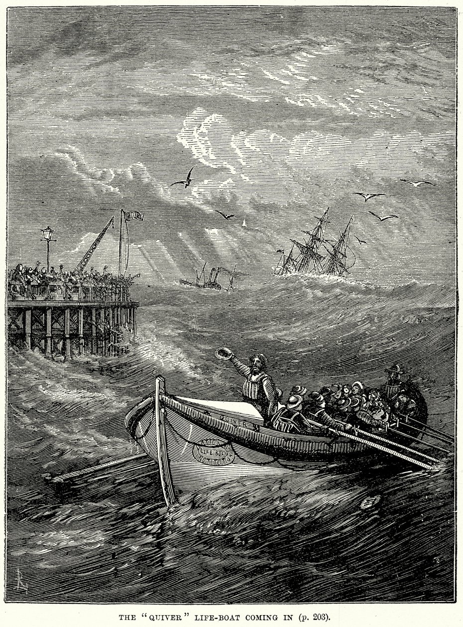 Llegada del bote salvavidas "Quiver" (grabado) de English School
