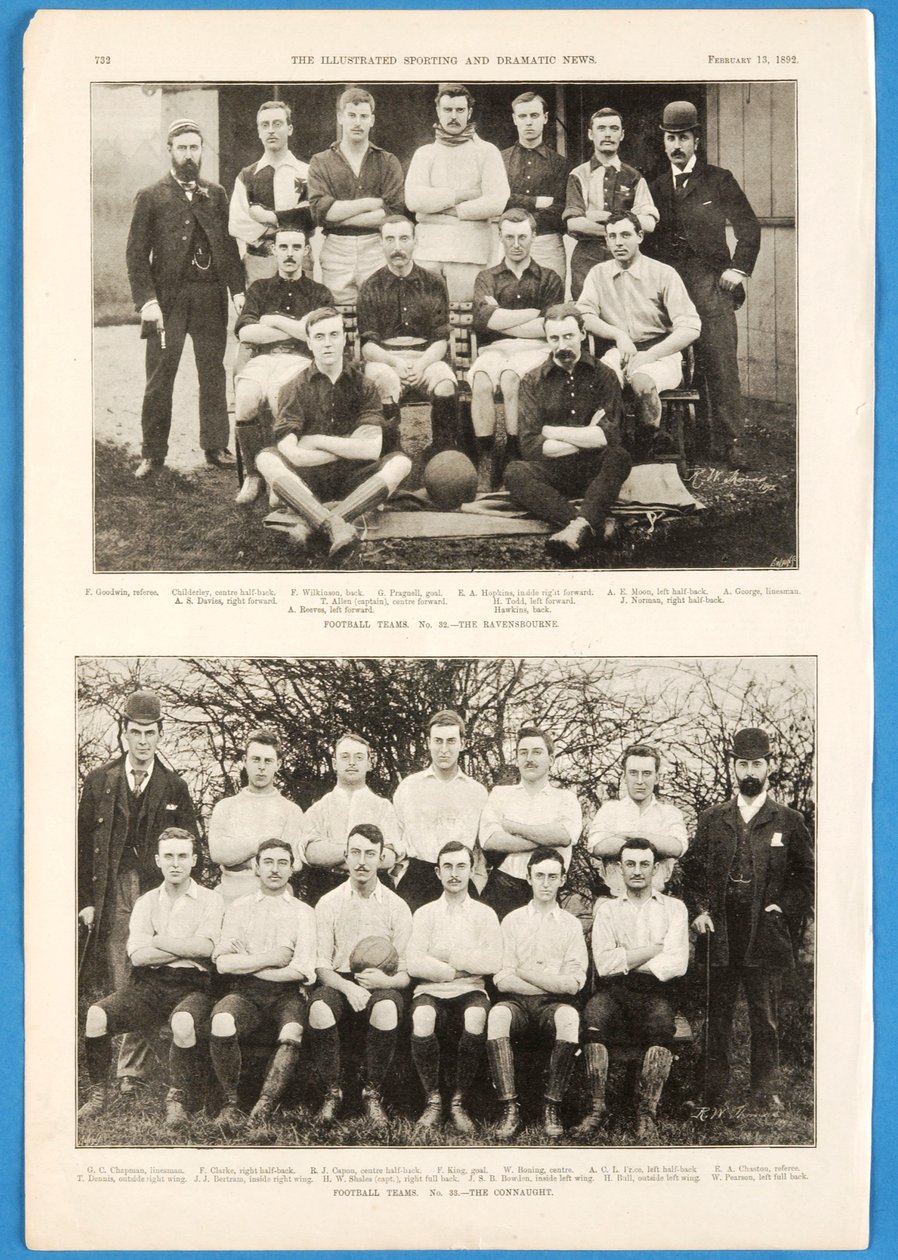 Los Ravensbourne y los Connaught, equipos de fútbol presentados en The Illustrated Sporting and Dramatic News, 13 de febrero de 1892 de English School