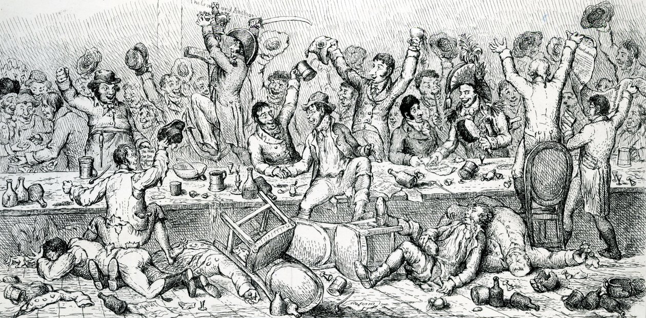 La cena de los reformadores, ilustración tomada de The Satirist, 1809 de English School