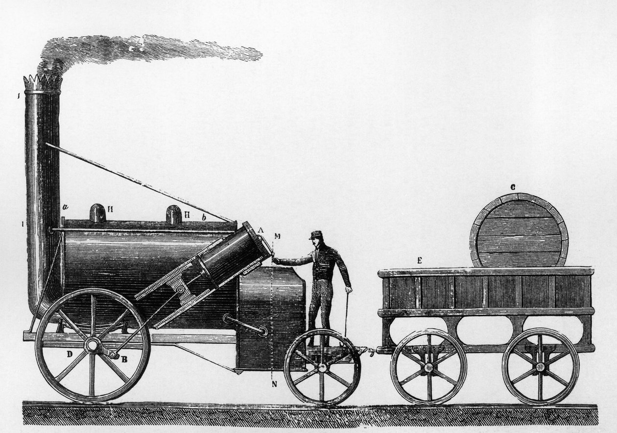 El Cohete, locomotora de vapor diseñada y construida por George y Robert Stephenson en 1829 para el ferrocarril Liverpool-Manchester de English School