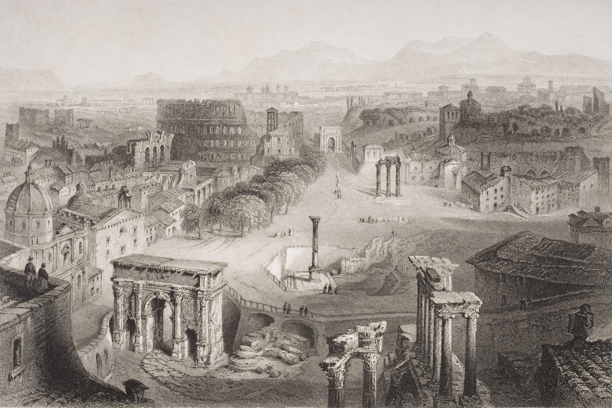 El Foro Romano desde la Colina Capitolina, Roma, grabado por A. Willmore de English School