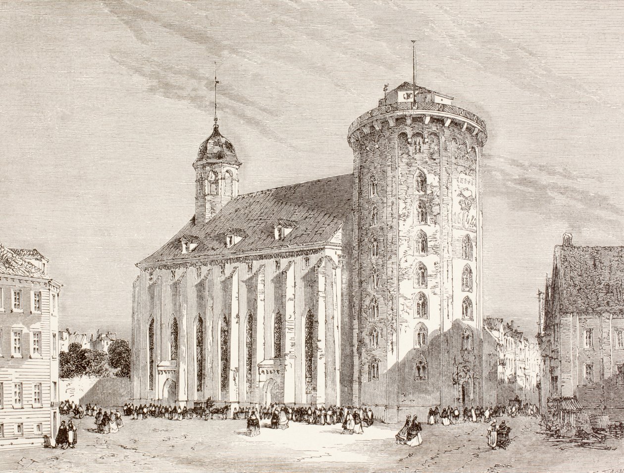 El Rundetarn o Torre Redonda en Copenhague, Dinamarca, en el siglo XIX (litografía) de English School
