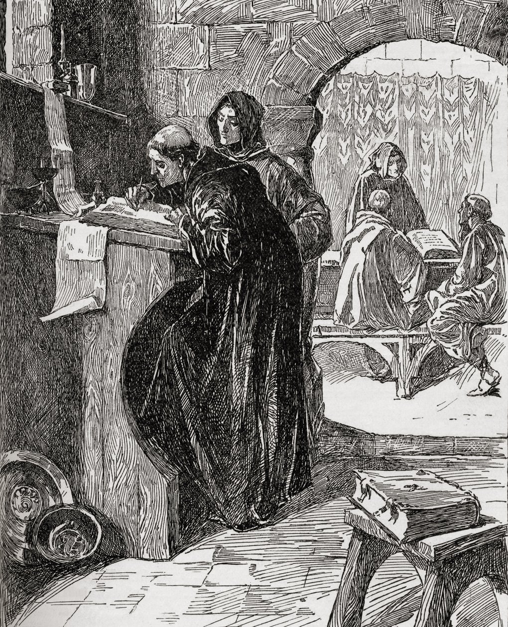 El Scriptorium de un Monasterio, del libro La Iglesia de Inglaterra: Una Historia para el Pueblo, publicado c.1910 de English School