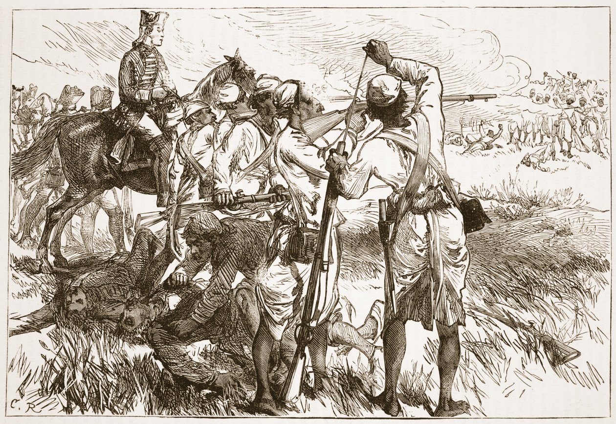 Los Sepoys en Buxar, ilustración de Cassells Illustrated History of India de James Grant, pub. 1879 de English School