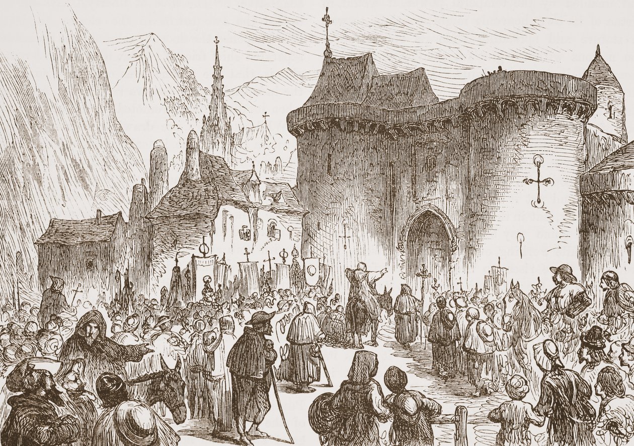 Los falsos peregrinos en la puerta de Ginebra, ilustración de La Historia del Protestantismo de James Aitken Wylie, pub. 1878 de English School