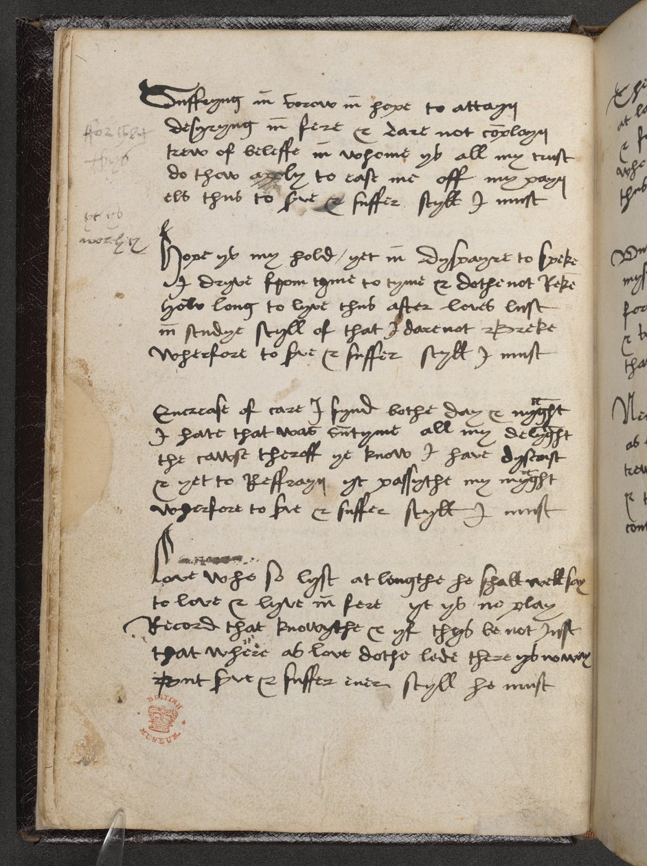 El acróstico de Sheltun, del "Manuscrito de Devonshire", Add MS 17492, f.6v (pluma y tinta sobre papel) de English School