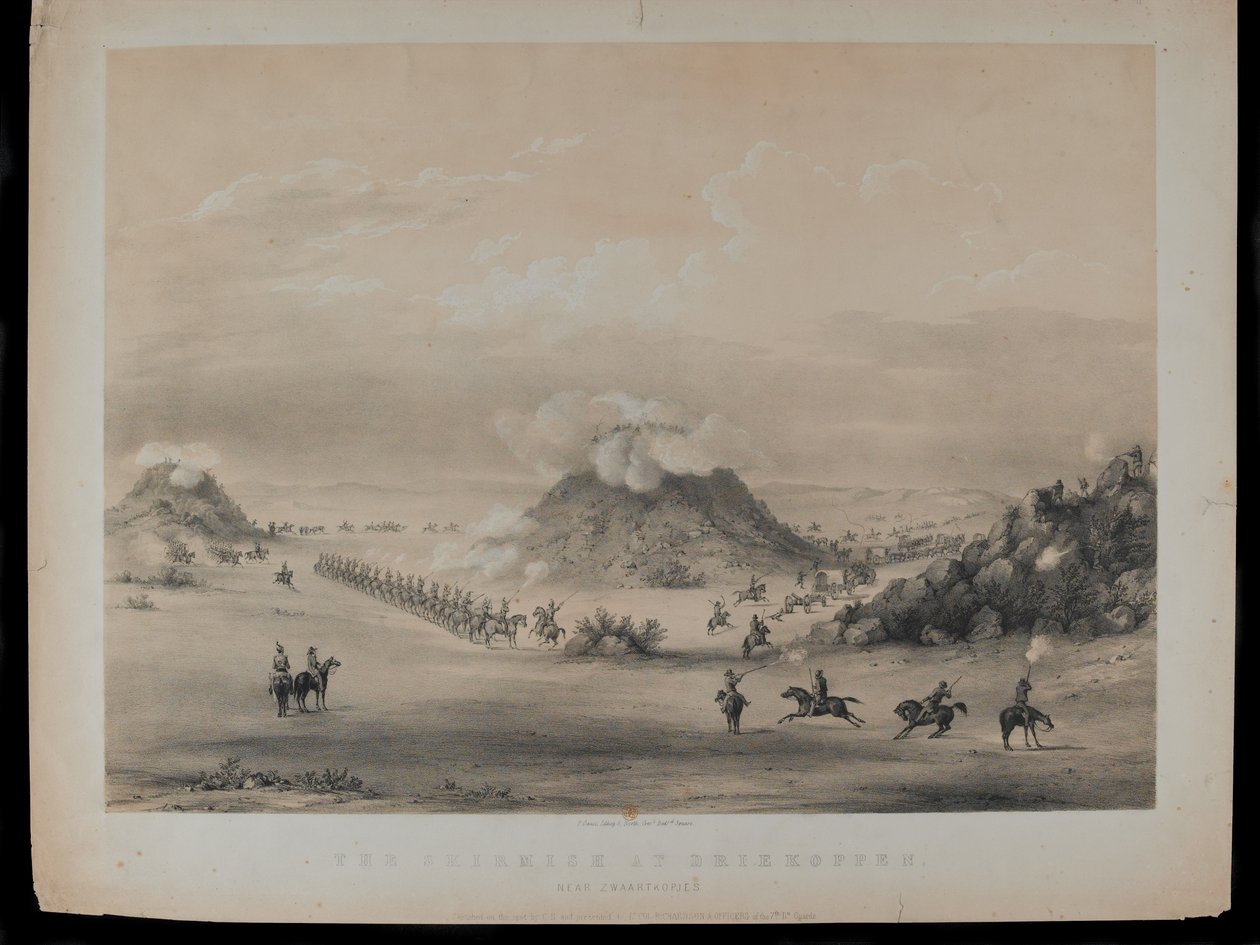La Escaramuza en Driekoppen, cerca de Zwaartkopjes, 1845, grabado por Paul Gauci, publicado c.1845 de English School
