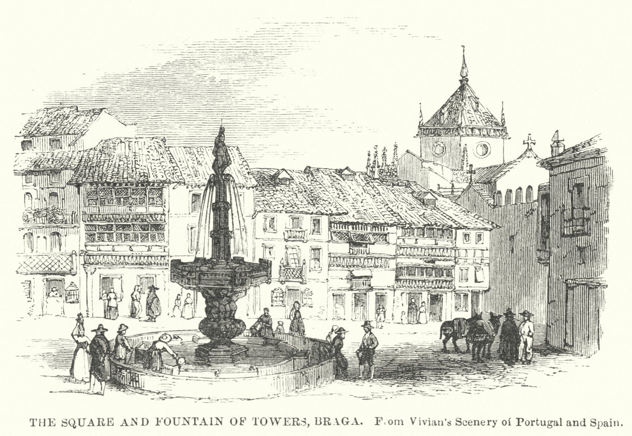 Plaza y Fuente de las Torres, Braga (grabado) de English School