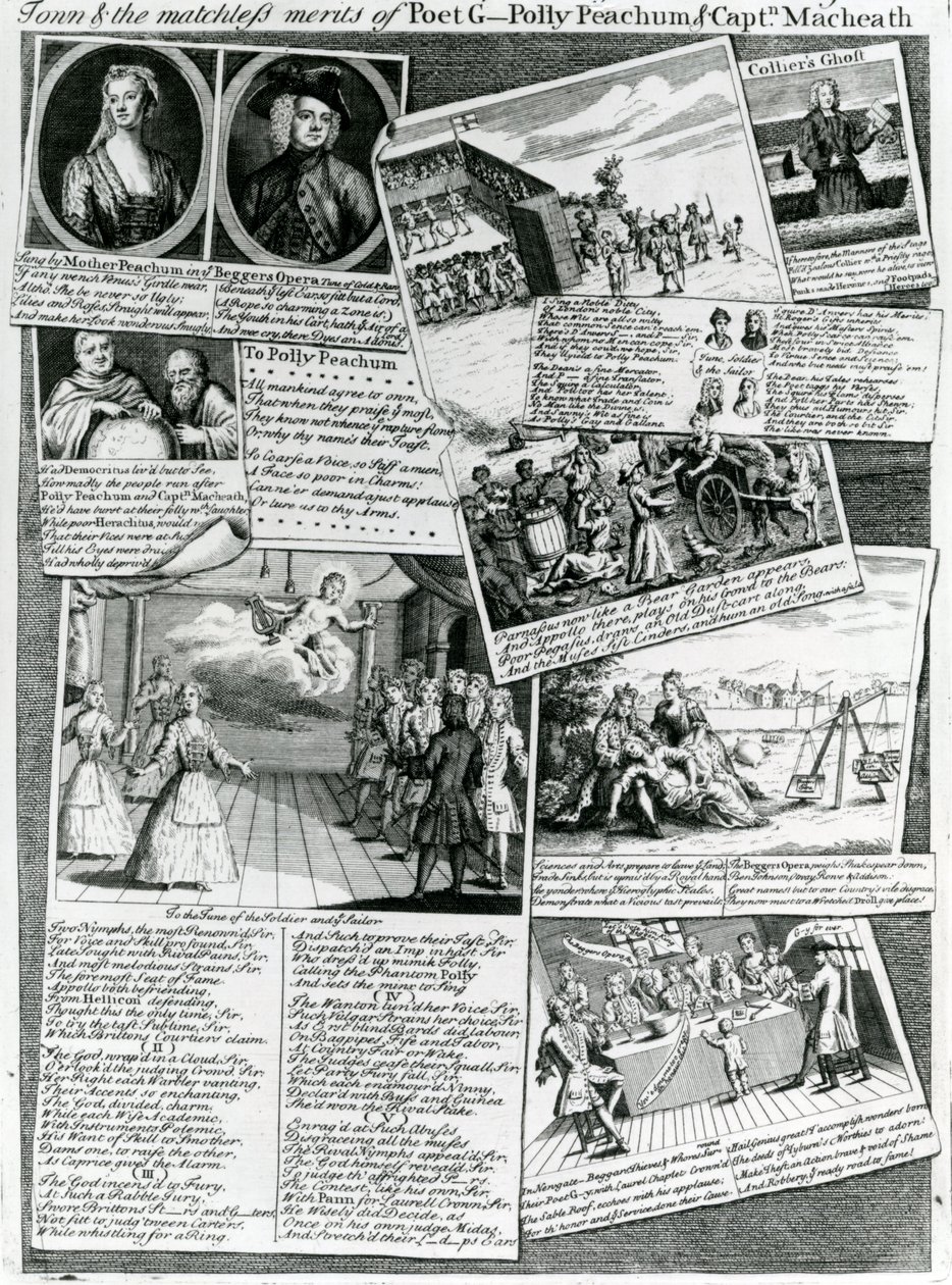 El popurrí del escenario que representa el gusto educado de la ciudad y los méritos incomparables del poeta G., Polly Peachum y el Capitán Macheath, c.1728 de English School