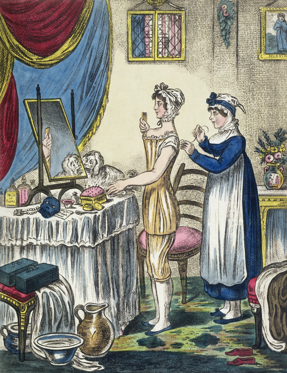 El corsé, lámina 1 de The Progress of the Toilet, c.1810 de English School