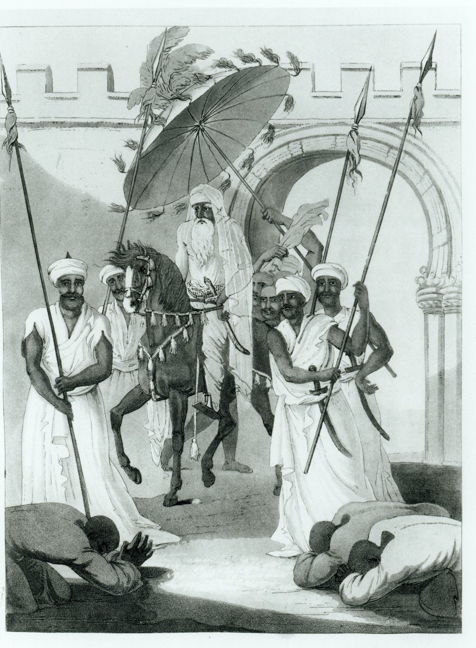 El Sultán de Marruecos saliendo para dar audiencia, de Viajes a través de Francia y España a Marruecos por Maurice Keatinge, publicado en 1817 de English School
