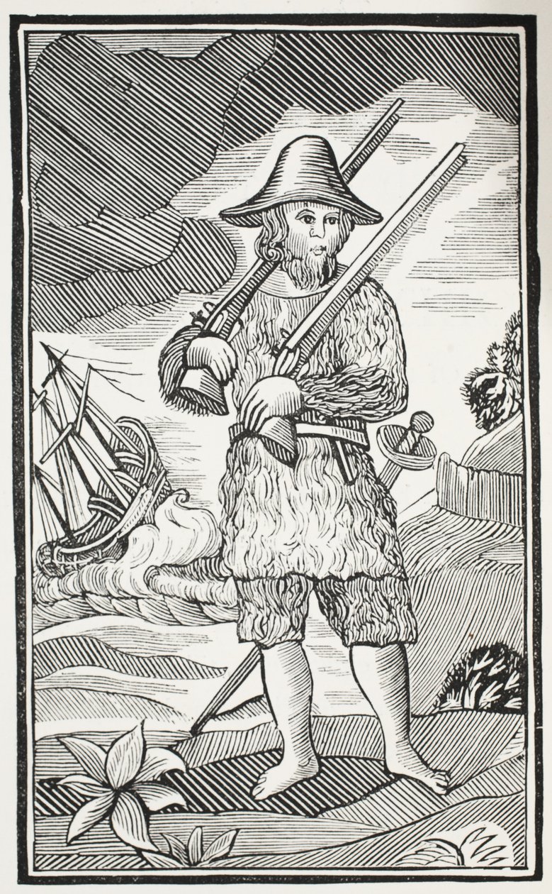 La sorprendente vida y las más extrañas aventuras de Robinson Crusoe de la ciudad de York, marinero, ilustración de Chap-books del siglo XVIII de John Ashton, pub. 1882 de English School