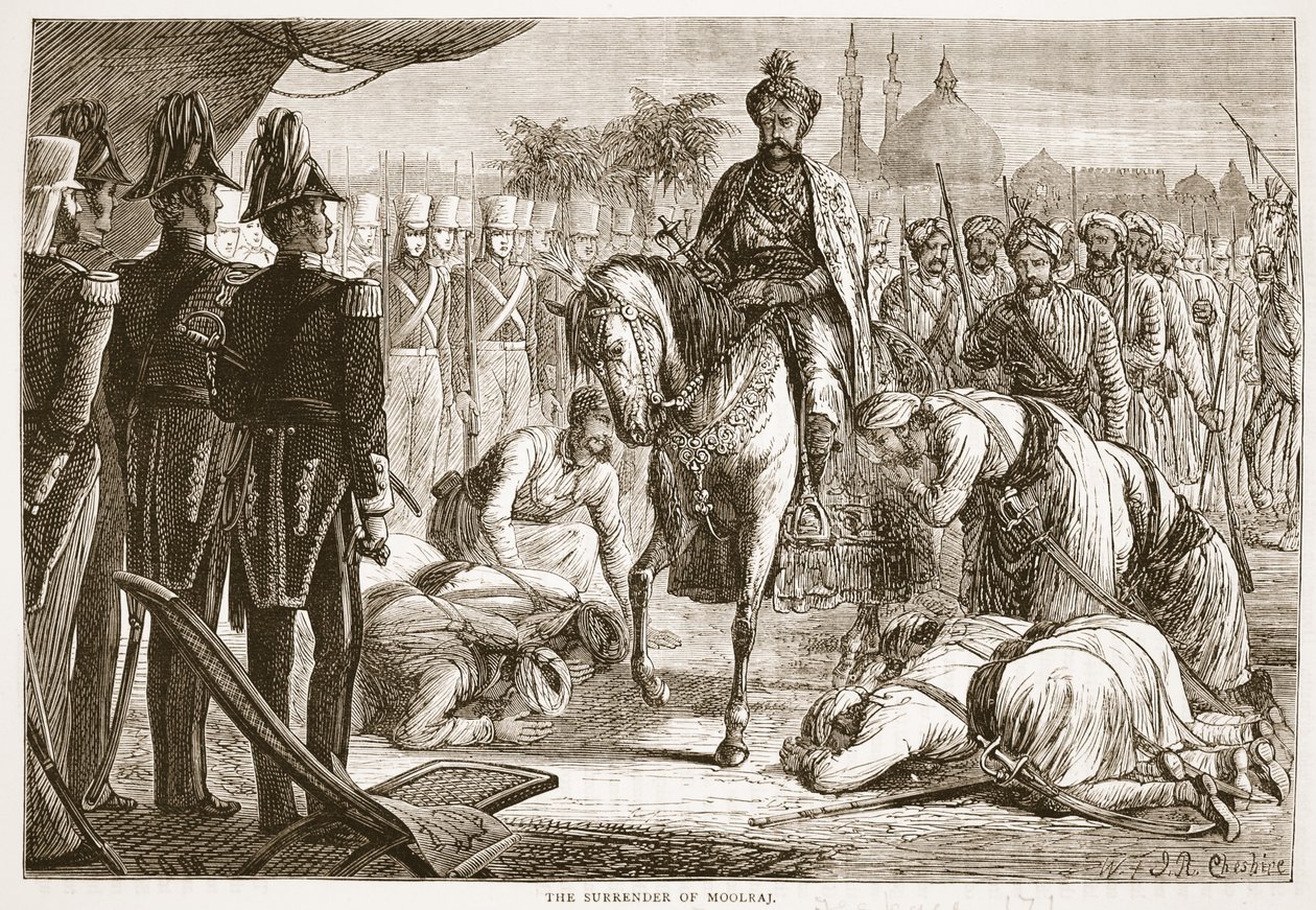 La Rendición de Moolraj, ilustración de la Historia Ilustrada de Inglaterra de Cassell de English School