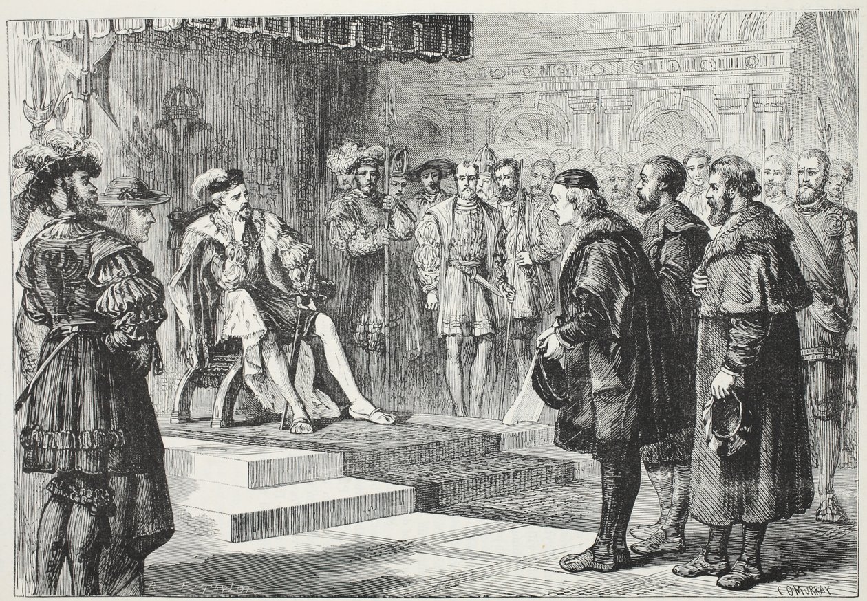 Los tres embajadores protestantes ante el emperador Carlos, ilustración de La Historia del Protestantismo de James Aitken Wylie, pub. 1878 de English School