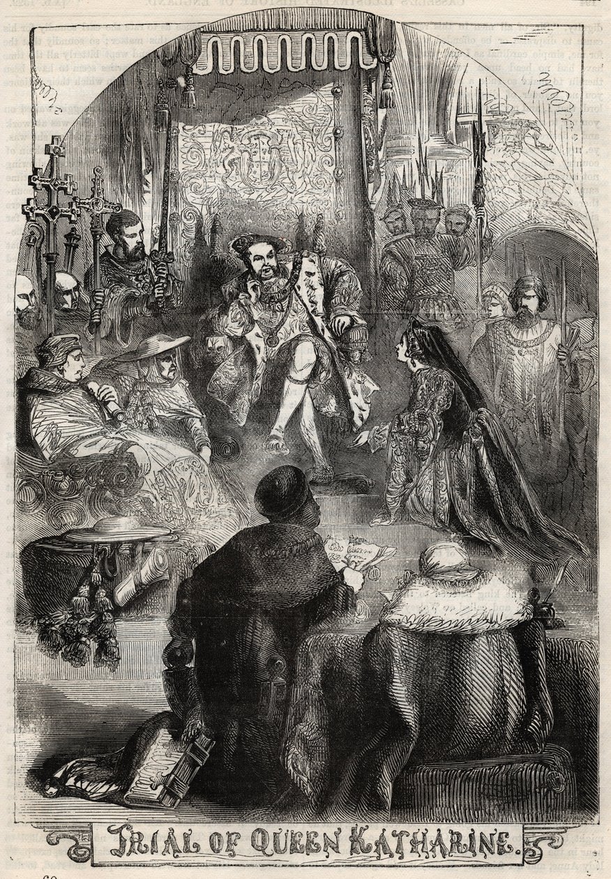 El juicio de la reina Catalina de Aragón en 1529, la primera esposa de Enrique VIII, cuyo matrimonio con el rey fue anulado. Grabado de "History of England" por Cassell Petter & Galpin. de English School