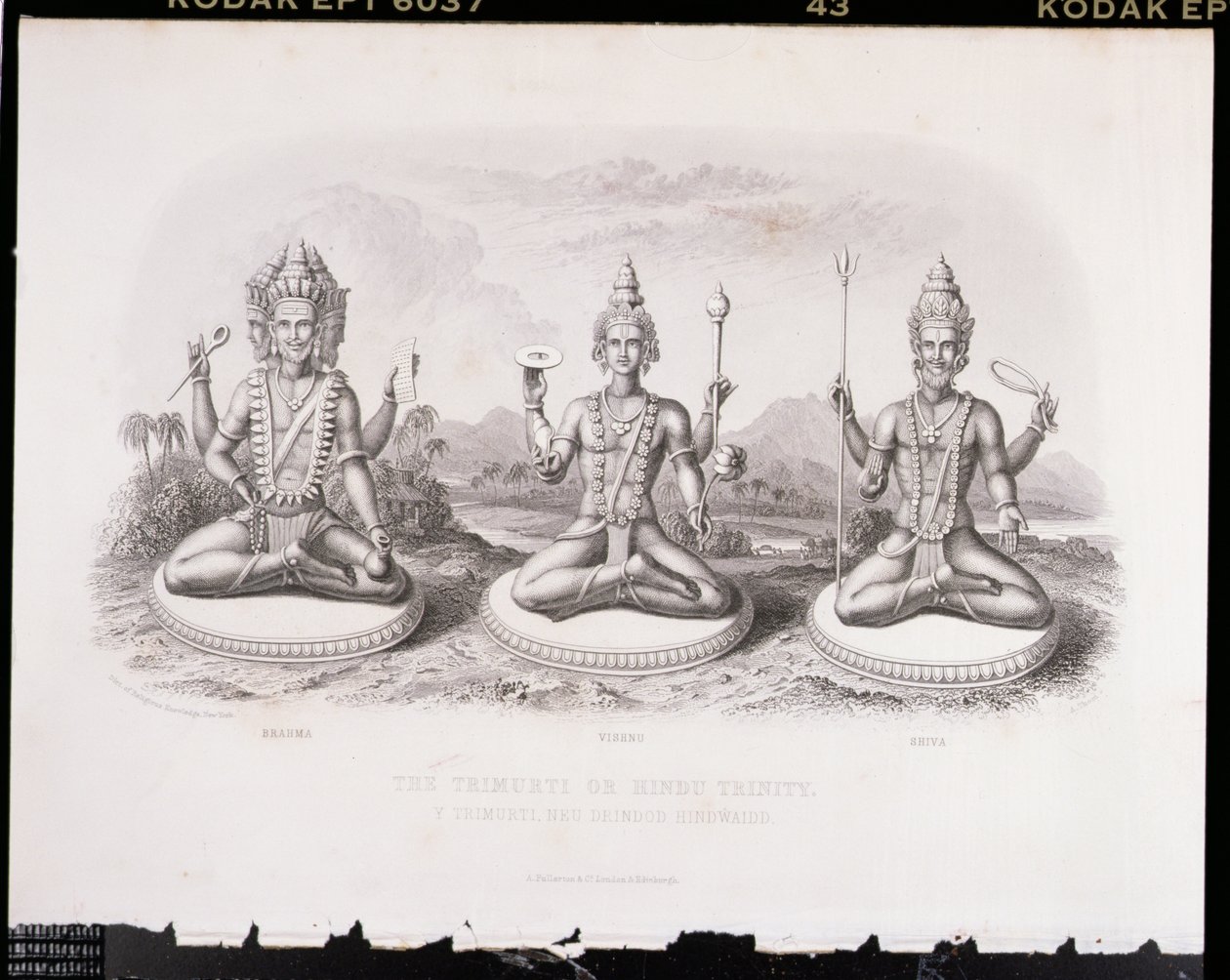 La Trimurti o Trinidad Hindú, grabado por A. Thorn, de Religión Mundial, publicado por A. Fullarton & Co. de English School