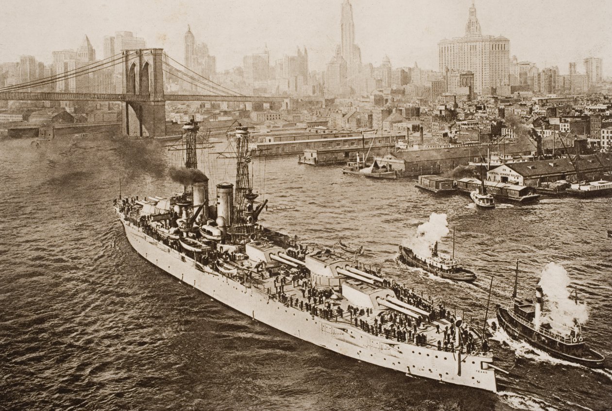 El acorazado de los Estados Unidos, Texas, partiendo del puerto de Nueva York, ilustración de 