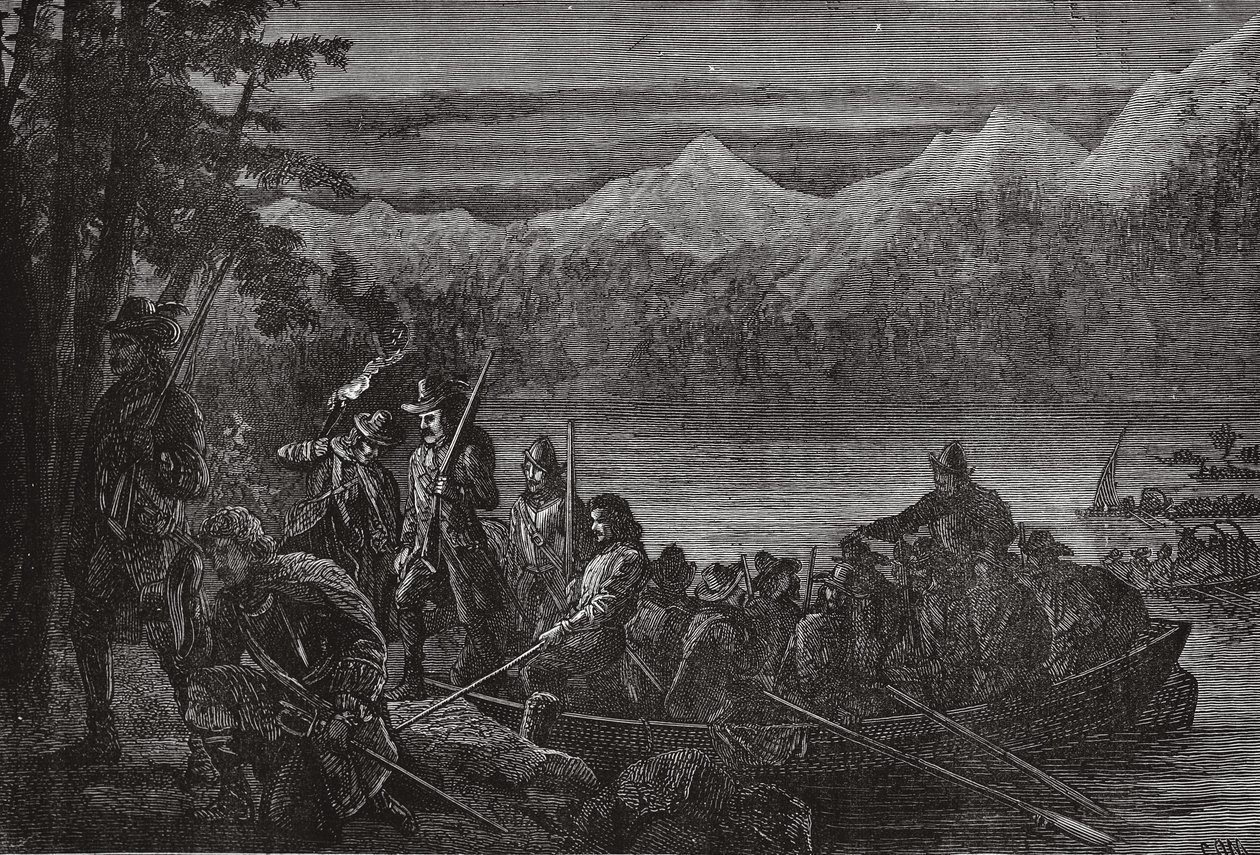 Los valdenses cruzando el lago Lemán de noche, ilustración de La Historia del Protestantismo de James Aitken Wylie, pub. 1878 de English School