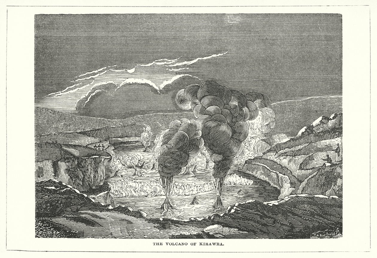 El volcán de Kirawra (grabado) de English School