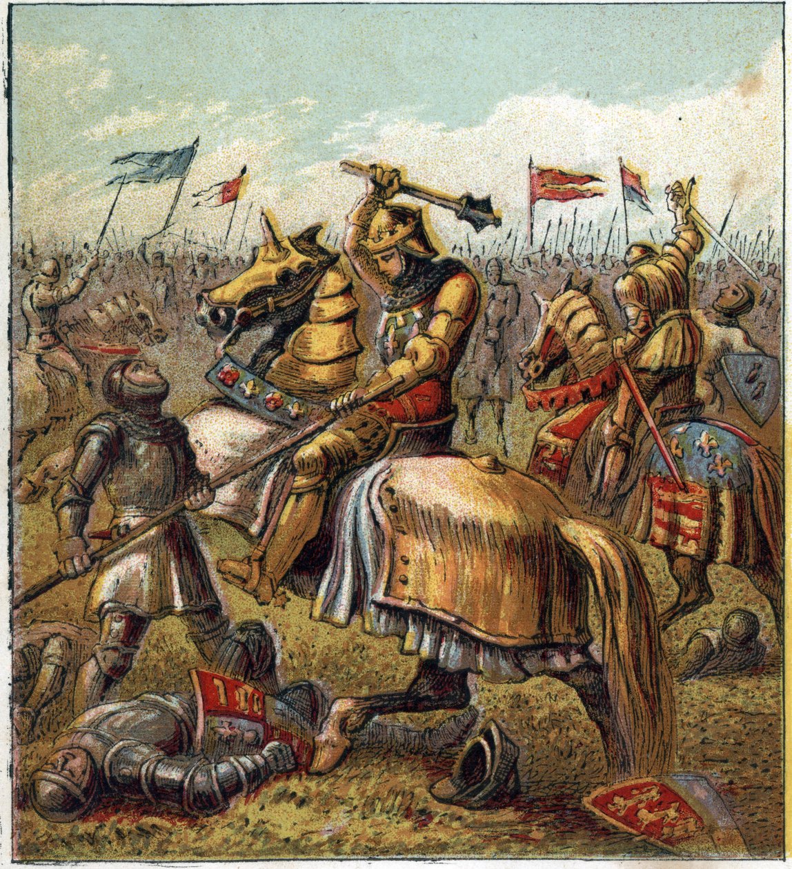 La Guerra de las Dos Rosas (1455-1485): batalla entre la Casa Real de York y la Casa Real de Lancaster. Ilustración de la Guerra Civil Inglesa nacida por la división de los sucesores del rey Eduardo III (1327-1377) en dos ramas. La Guerra de las Rosas de English School