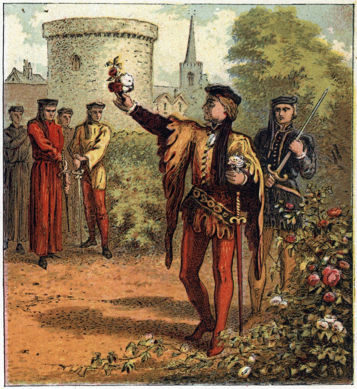 La Guerra de las Dos Rosas (1455-1485): el comienzo del conflicto. Un Lord de la Casa Real de York recoge una rosa blanca y otro de la Casa Real de Lancaster recoge una rosa roja. Ilustración de la Guerra Civil Inglesa nacida por la división de los su de English School