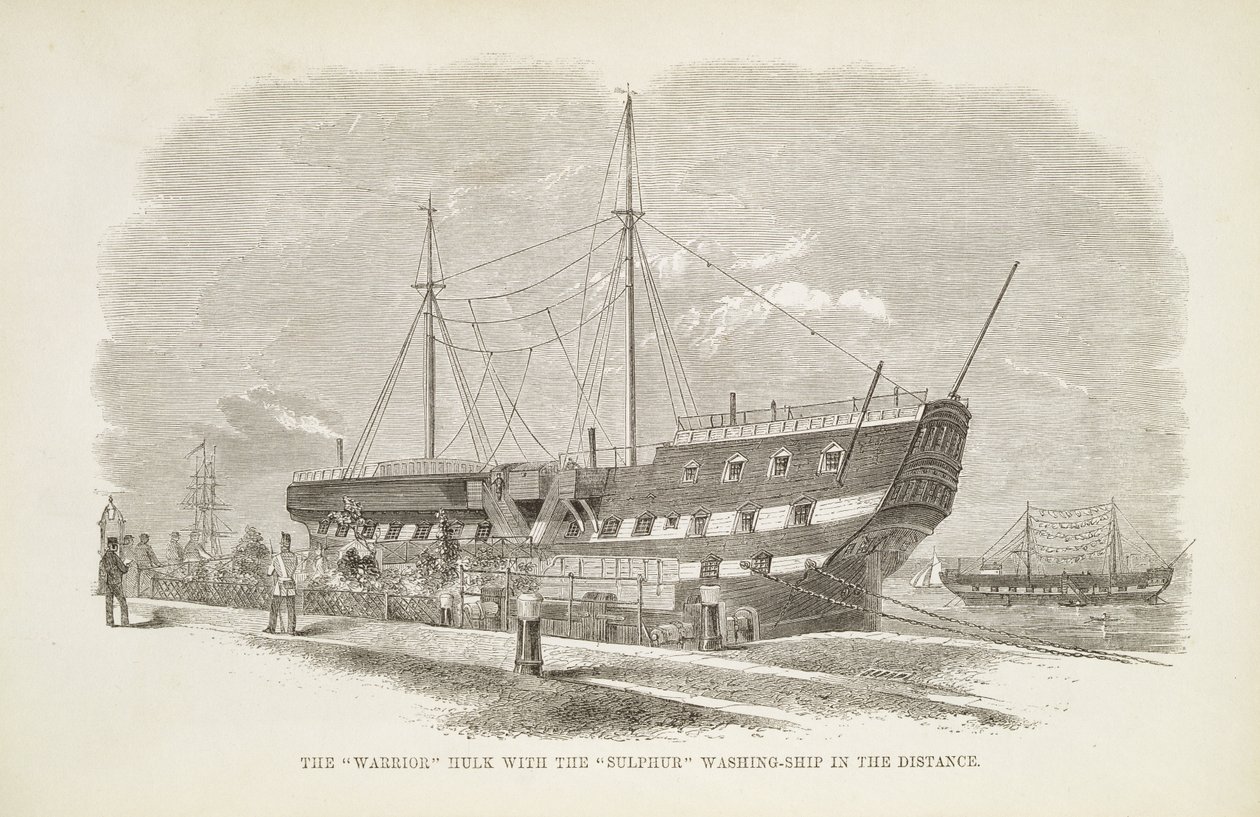 El Cascarón Guerrero con el Barco de Lavado de Azufre en la Distancia, de Las Prisiones Criminales de Londres y Escenas de la Vida en Prisión por Henry Mayhew y John Binny, 1862 de English School