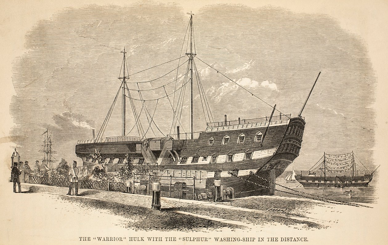 El casco Warrior con el barco de lavado Sulphur en la distancia, ilustración de Las prisiones criminales de Londres y escenas de la vida en prisión de Henry Mayhew y John Binny, pub. 1862 de English School