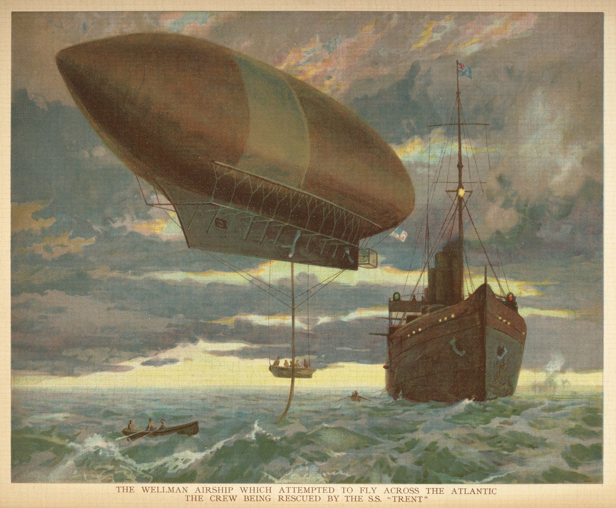 El dirigible Wellman que intentó cruzar el Atlántico, siendo rescatada la tripulación por el S.S. "Trent".Little people
