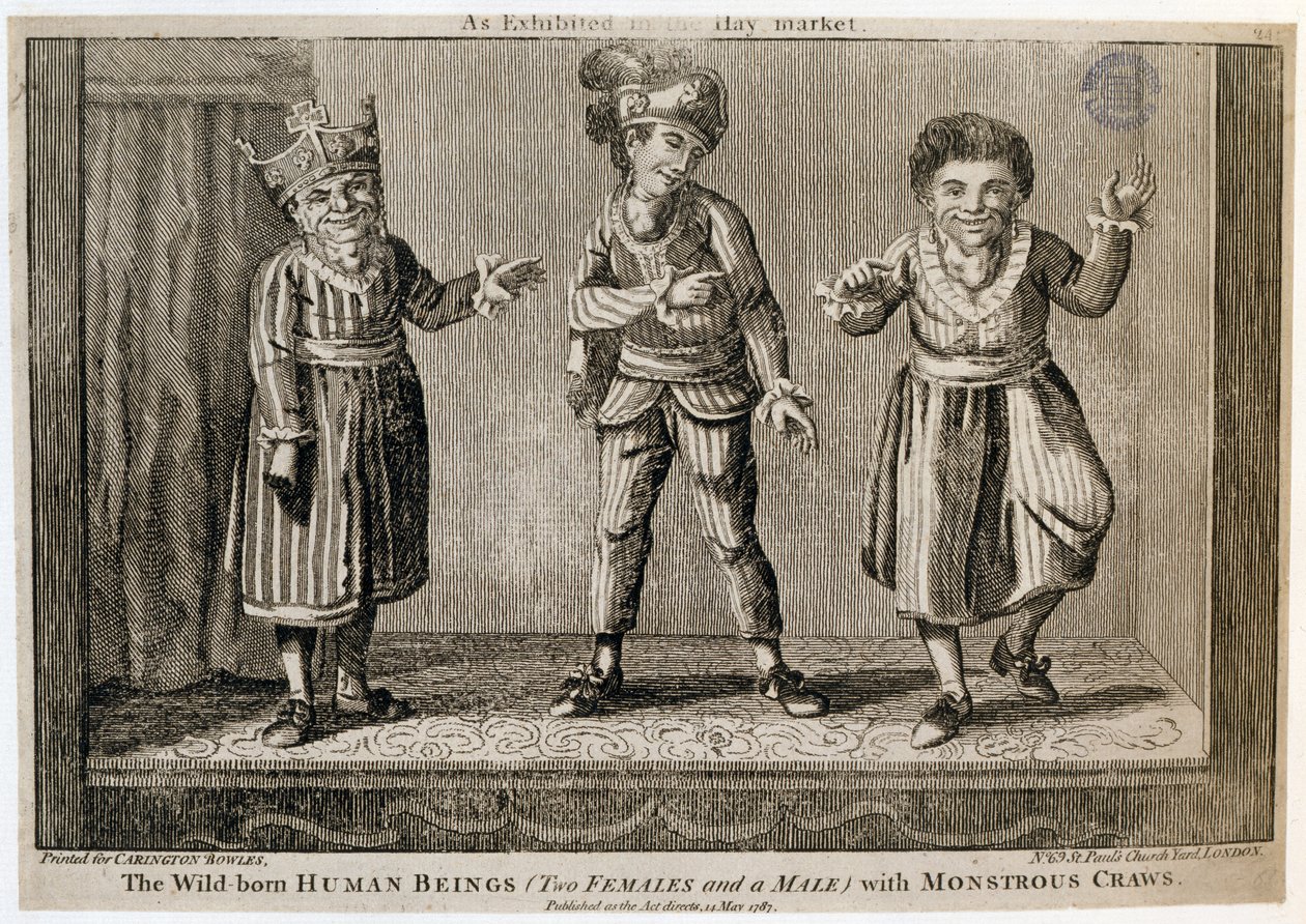 Los Seres Humanos Nacidos en la Naturaleza (Dos Mujeres y un Hombre) con Gargantas Monstruosas, como se Exhiben en el Haymarket, impreso para Carington Bowles, 1787 de English School
