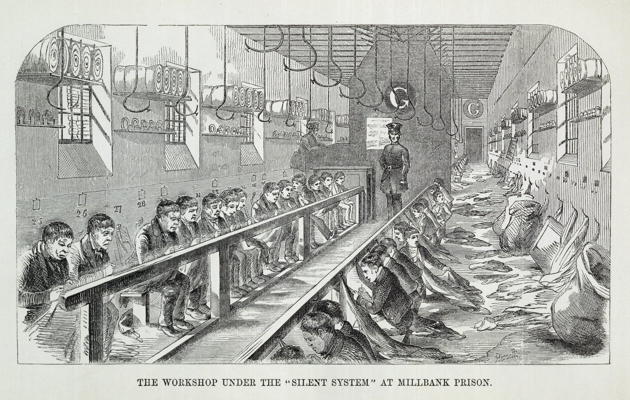 El Taller bajo el Sistema Silencioso en la Prisión de Millbank, de Las Prisiones Criminales de Londres y Escenas de la Vida en Prisión por Henry Mayhew y John Binny, 1862 de English School