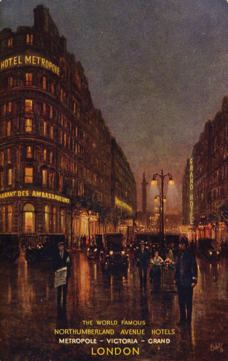 The World Famous Northumberland Avenue Hotels, Metropole, Victoria, Grand, Londres (litografía en color) de English School