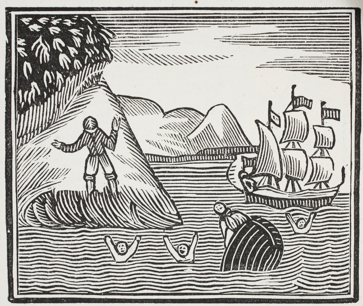El naufragio, ilustración de Chap-books del siglo XVIII de John Ashton, pub. 1882 de English School