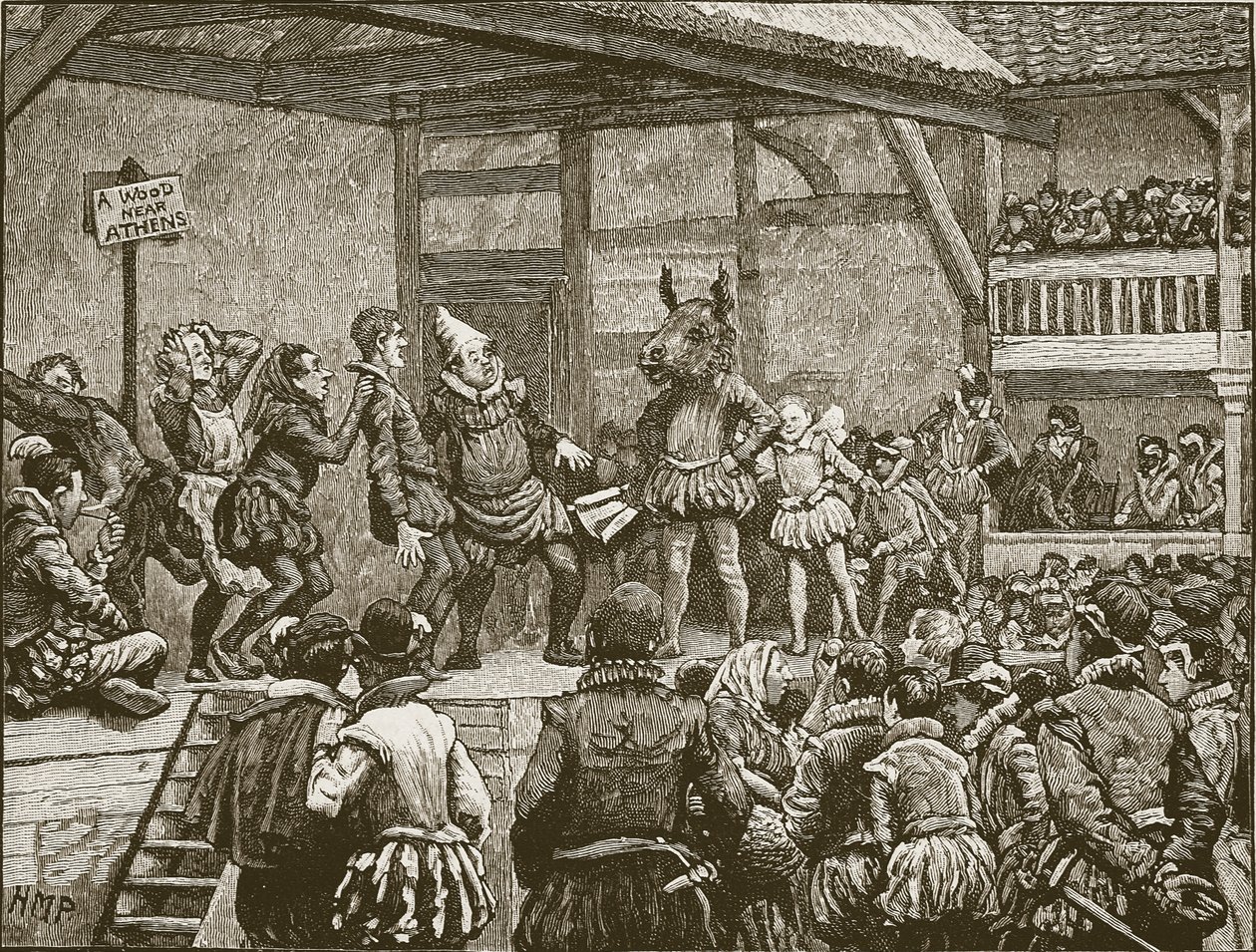 Representación de una obra de Shakespeare en tiempos de la reina Isabel, ilustración de la Historia Ilustrada de Inglaterra de Cassell de English School