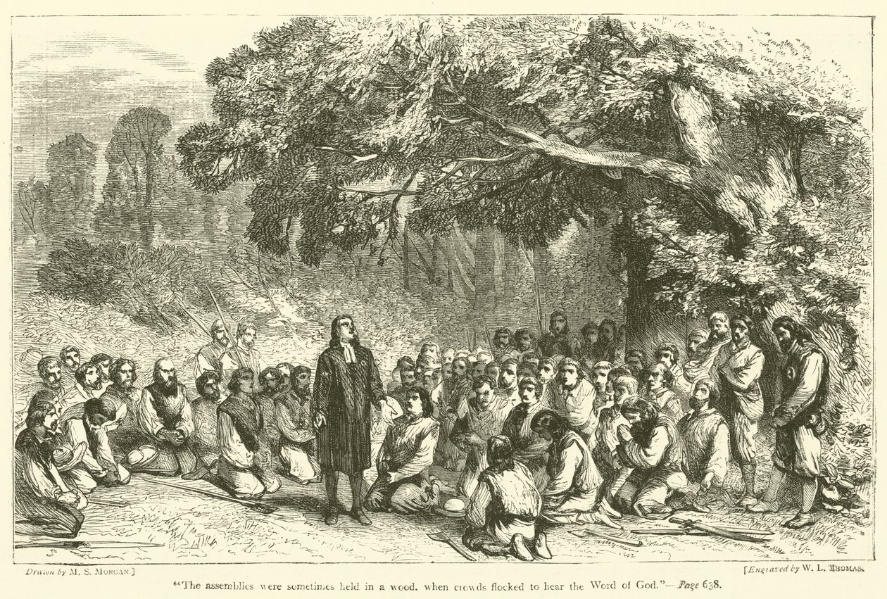 "Las asambleas se celebraban a veces en un bosque, cuando las multitudes acudían a escuchar la Palabra de Dios" (grabado) de English School